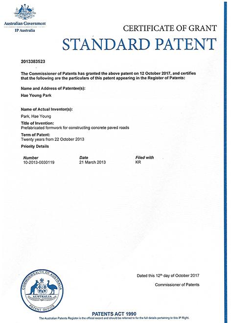 Patent certificate (Australia)